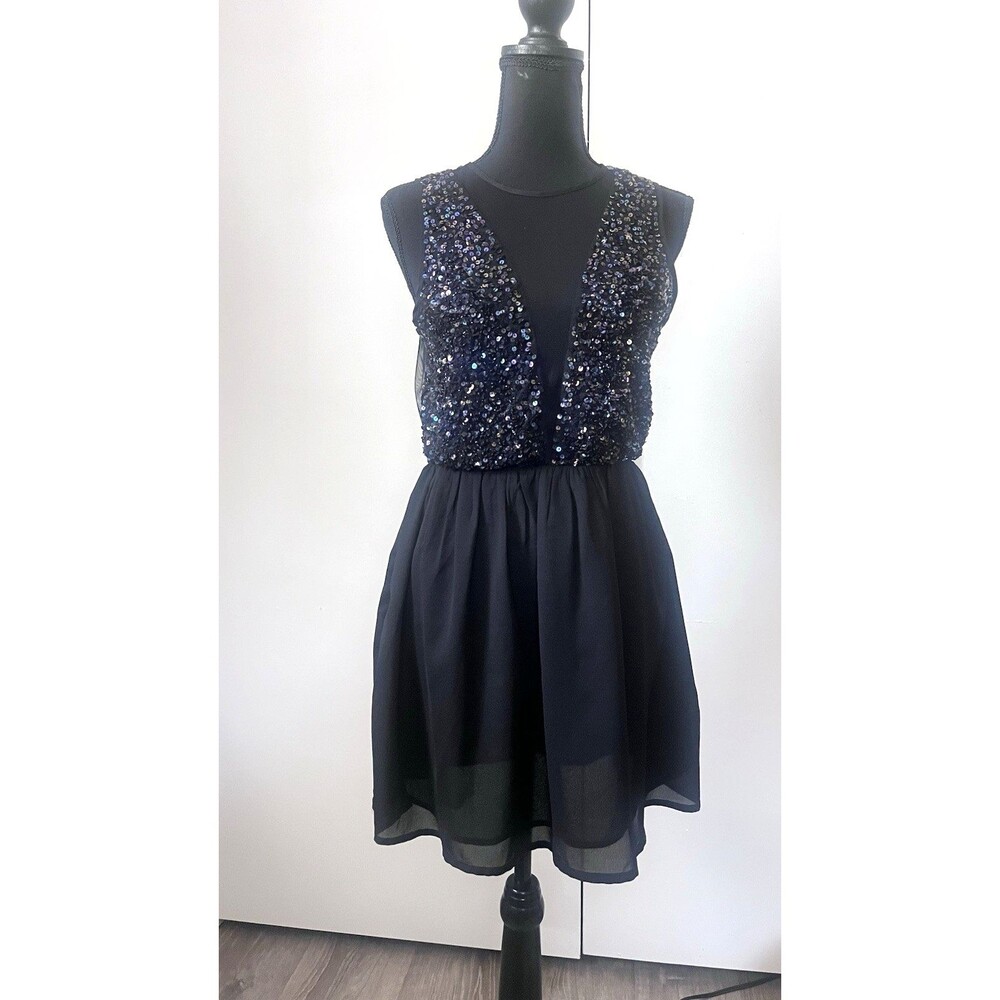 XX1 Deep Plunge Mesh Sheer Sequin Cocktail Black‎ Dress  M glamorous sultry